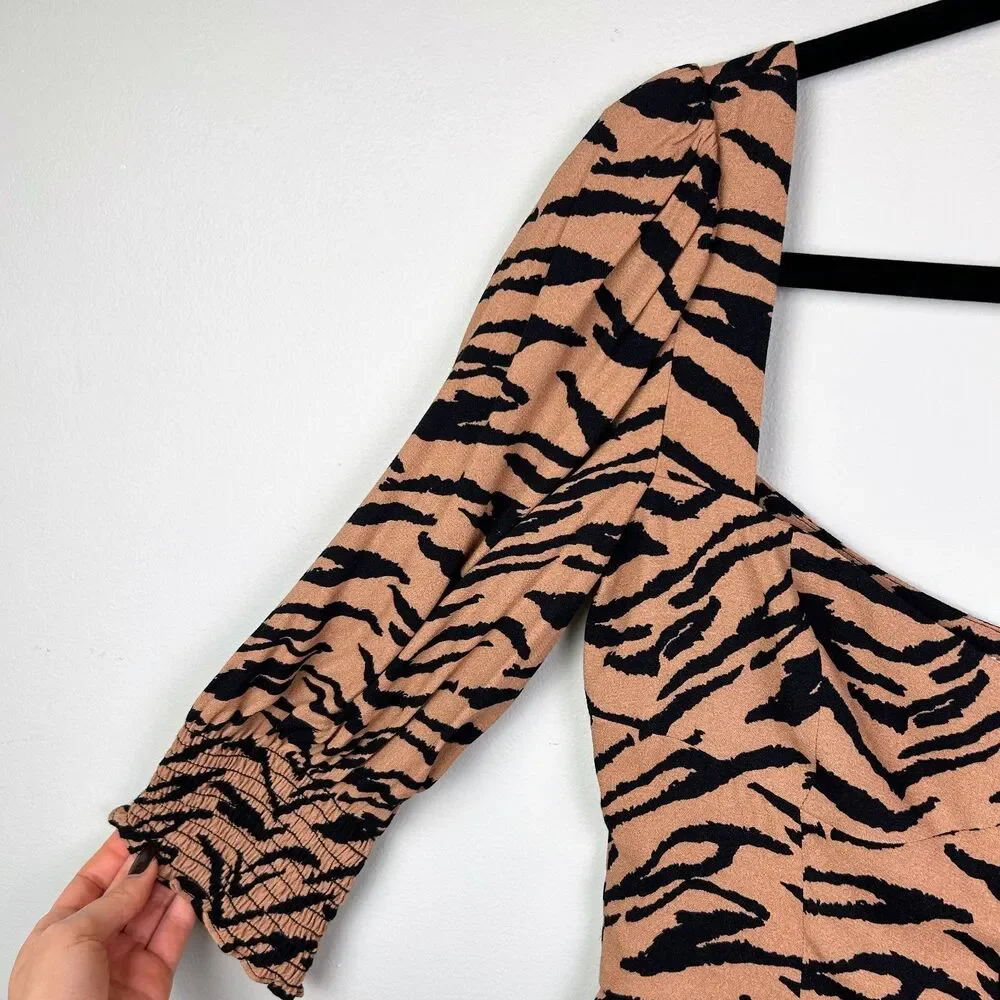 Reformation Dallas Rajah Tiger Animal Print Tan Black Corset Top Puff Sleeves 2